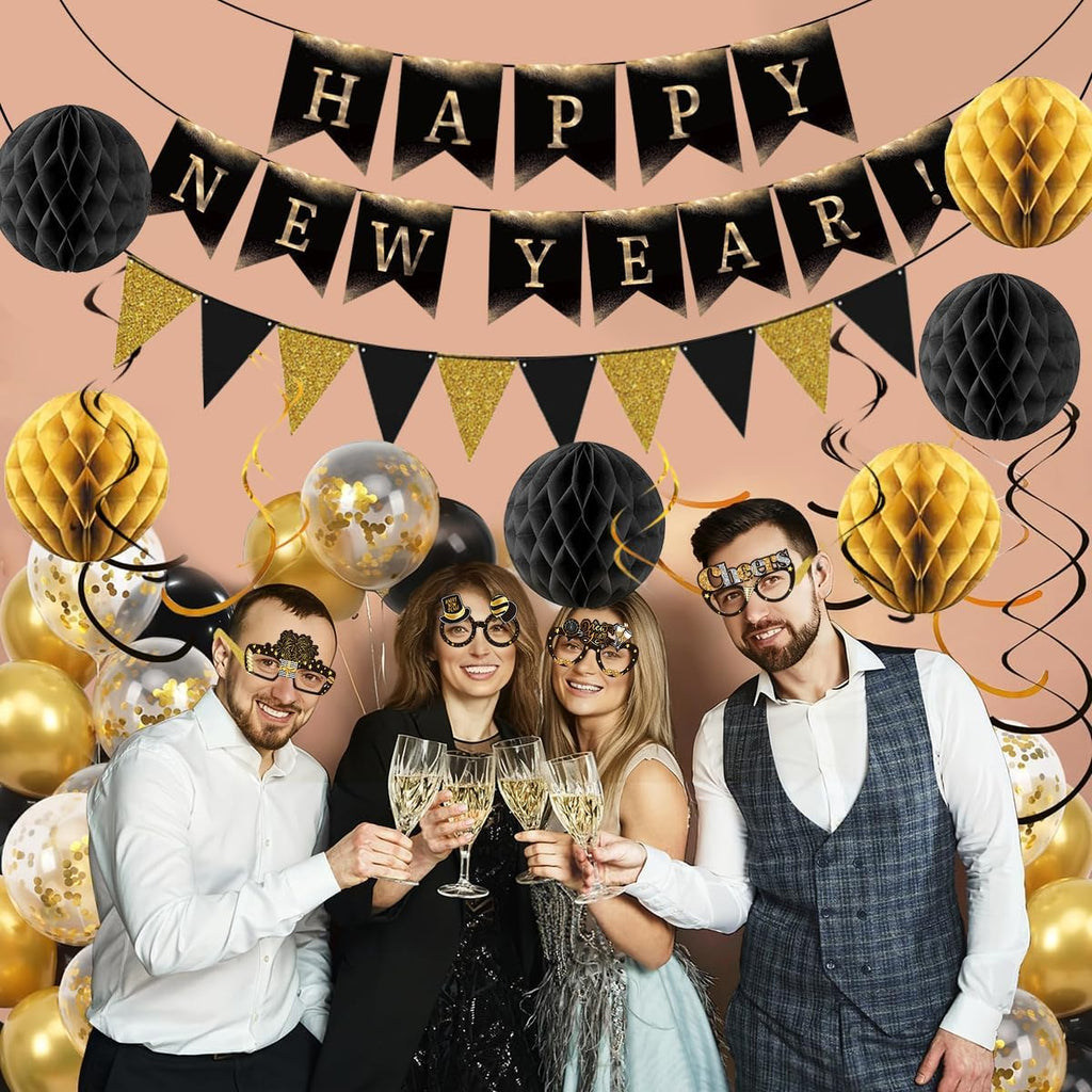 Happy New Year Eve Party Supplies 2027– Complete New Years Decorations Set with Happy New Year Banner, Black & Gold