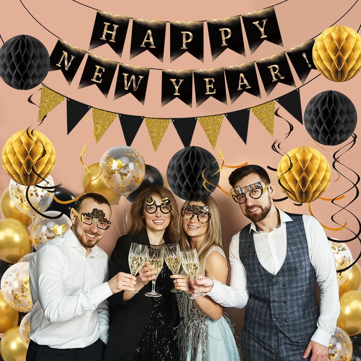Happy New Year Eve Party Supplies 2027– Complete New Years Decorations Set with Happy New Year Banner, Black & Gold