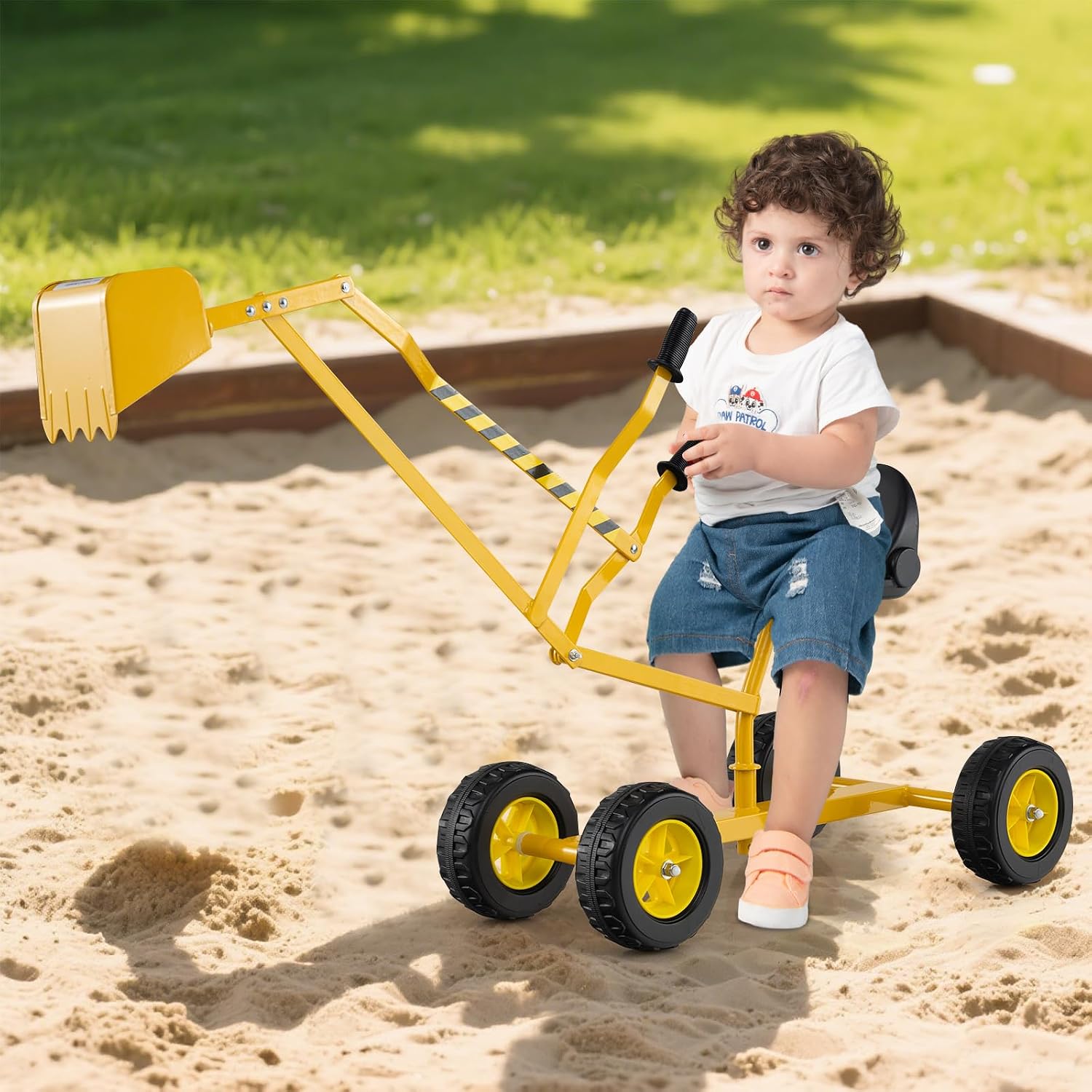 Sand Digger Excavator for Kids, Toddler Outdoor Sandbox Digger Crane w/Wheels & Flexible Shovel, 360° Rotatable Seat