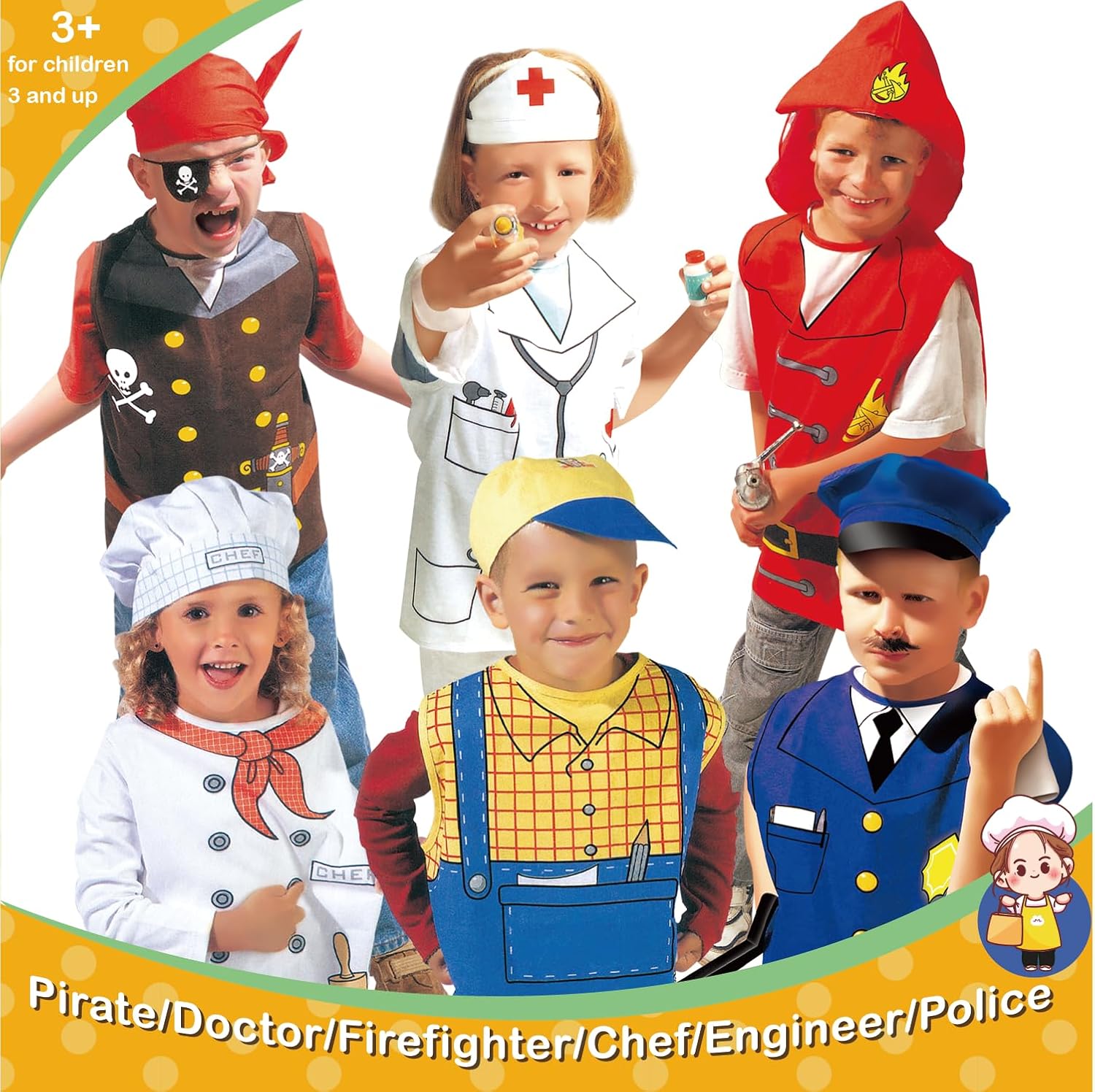 6 Sets Dress Up Trunk for Kids, Pretend Halloween Costumes includes Fireman/Doctor/Police/Pirate/Workerman/Chef