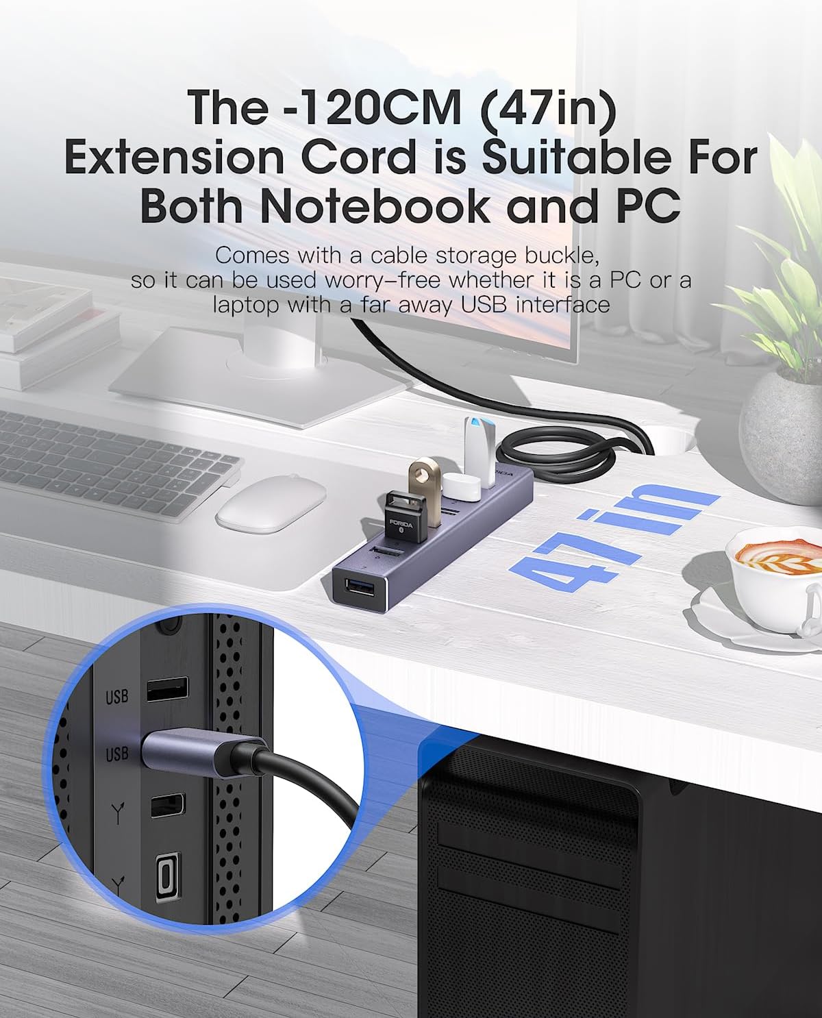 Aluminum Alloy 8 Port USB Hub Long Cable USB Splitter with 7-USB3.0 Data Ports and TypeC 5V/3A Power Port Compatible