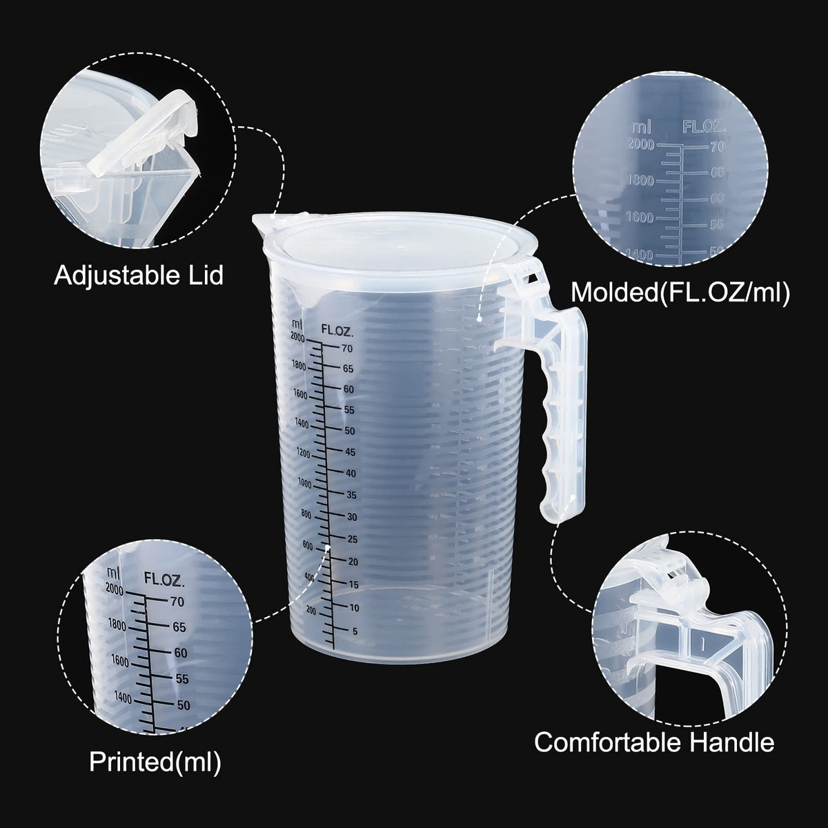 Graduated Beaker, 2 Pack 2000ml PP Plastic Liquid Measuring Cup Double Sided Black Graduations with Handle Lid and