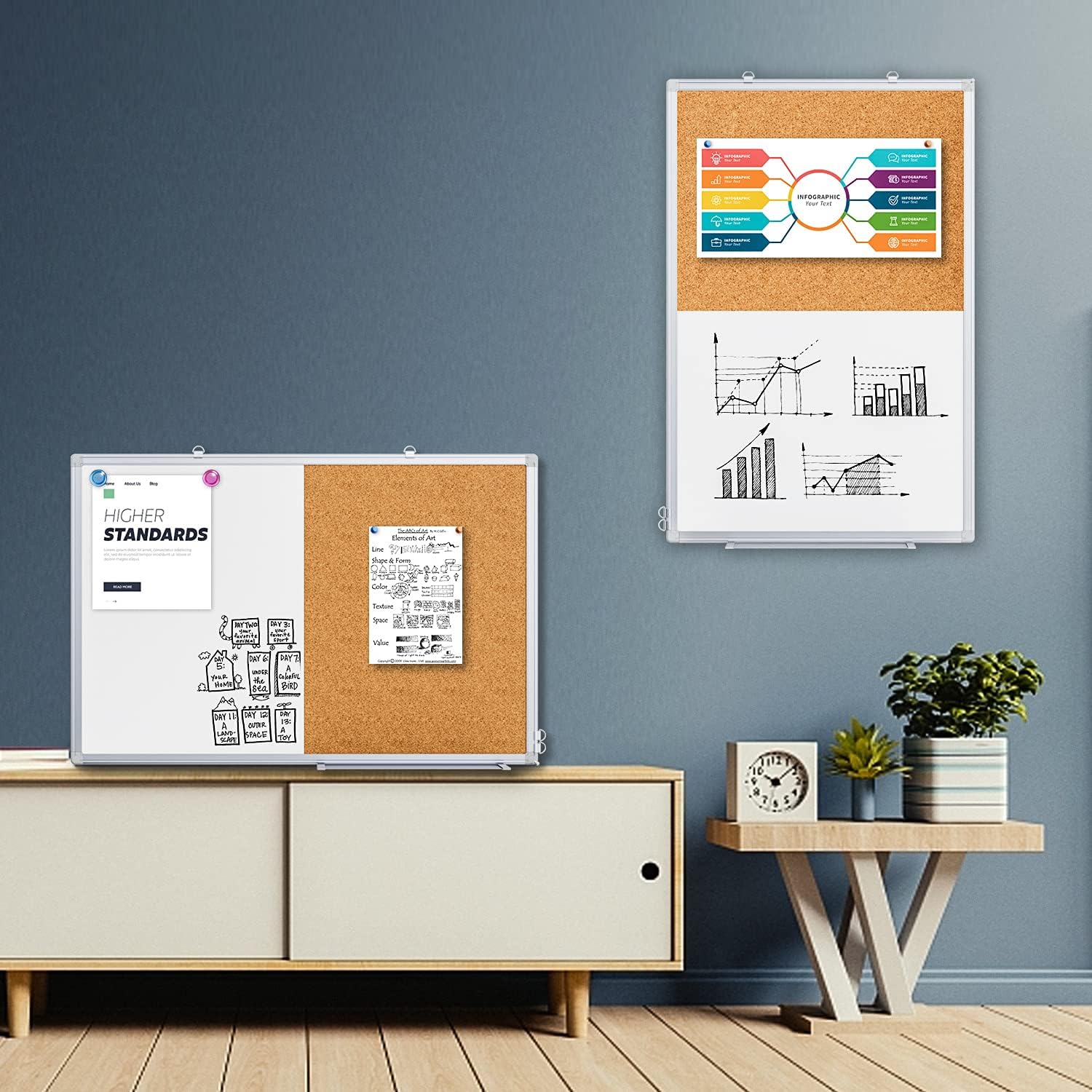 Magnetic White Board and Cork Board Combo, 36 X 24 inches Whiteboard Bulletin Combination Board, Wall Mounted Dry
