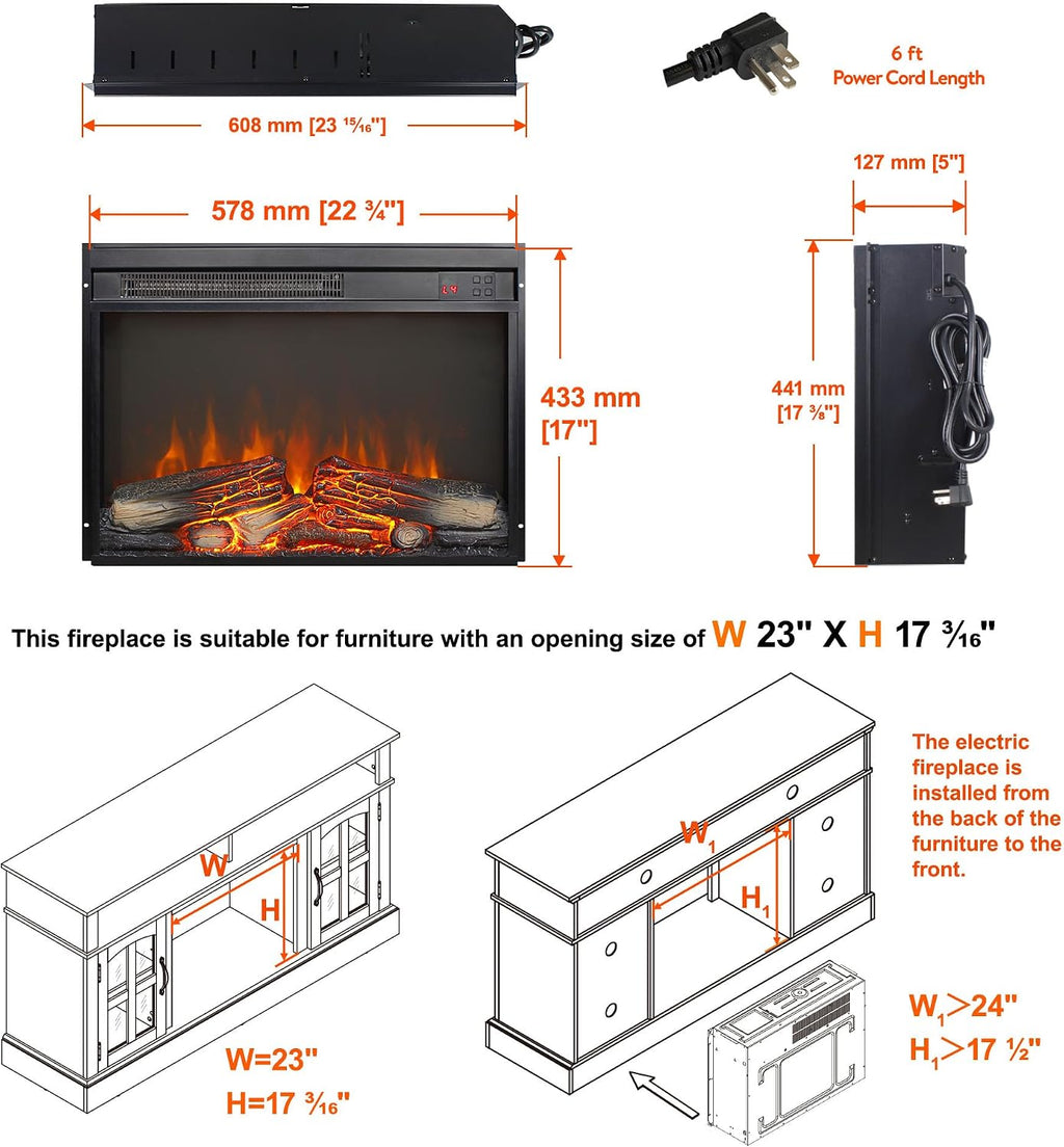 23" Electric Fireplace Insert with Real Fire Crackling Sound, Adjustable Flame & Thermostat, 1400W, 4 Adjustable