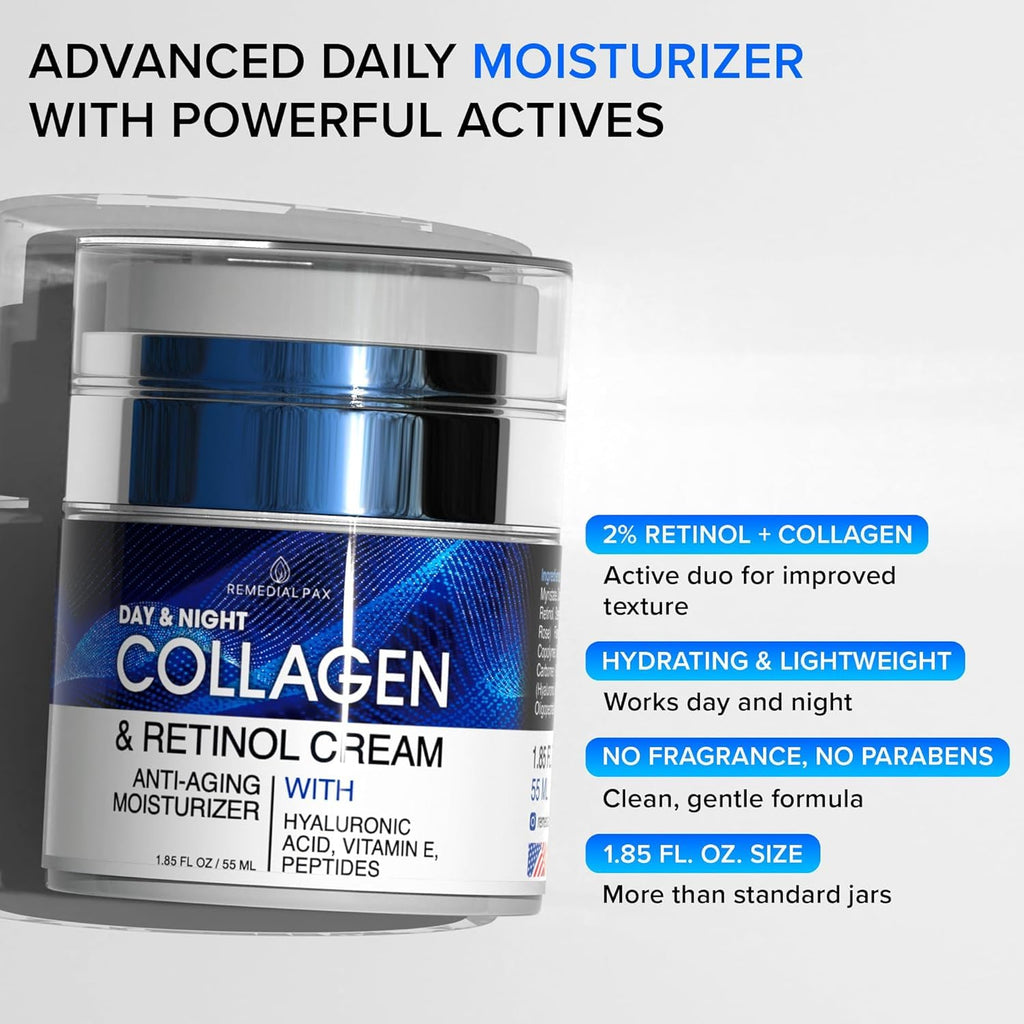 Collagen Face Cream with Retinol & Hyaluronic Acid - Anti Aging Moisturizer for Women & Men, Firming Day & Night