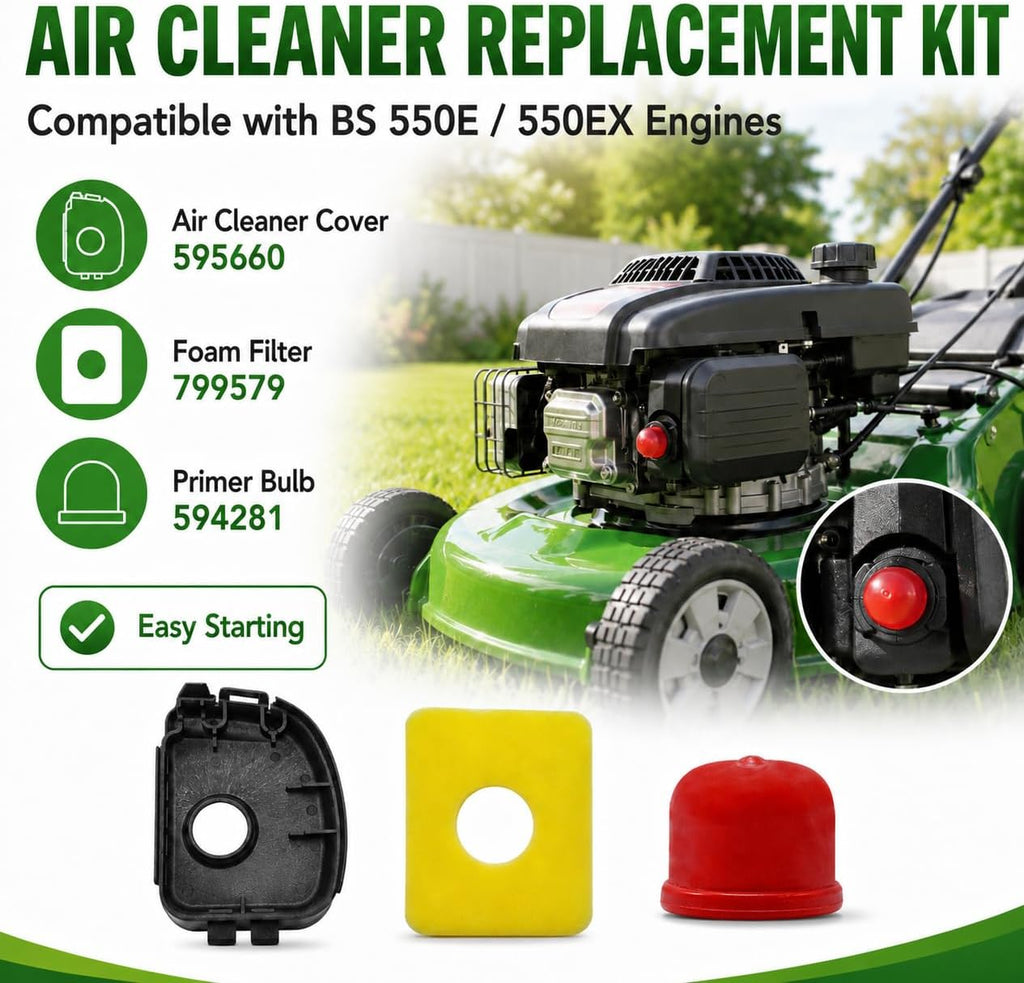 Hoypeyfiy Air Cleaner Cover 595660, Foam Filter, and Primer Bulb 594281 Replacement Kit Compatible with BS 550E / 550EX Engine Series Lawn Mowers