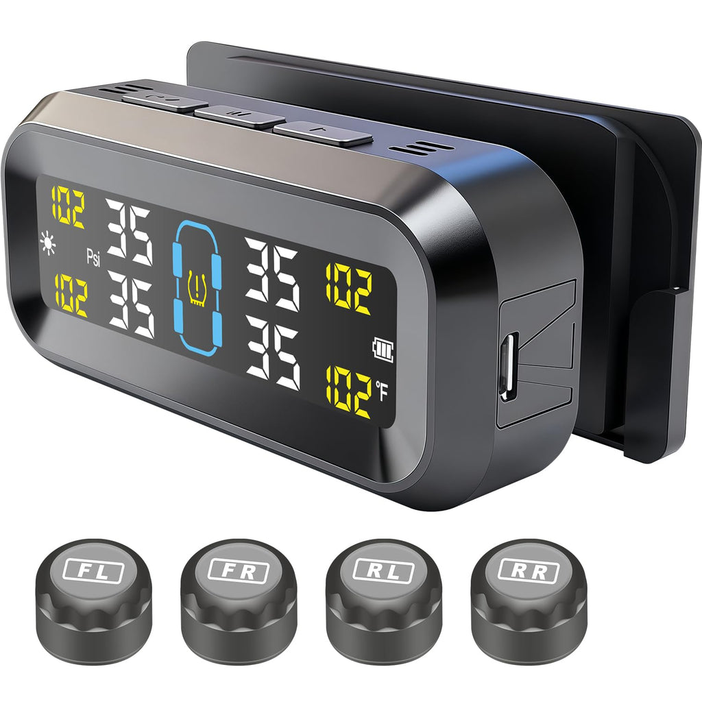 Tire Pressure Monitoring System with Solar & USB Charger-TPMS with 4 External Sensors & 6 Alarm Modes, LCD Display