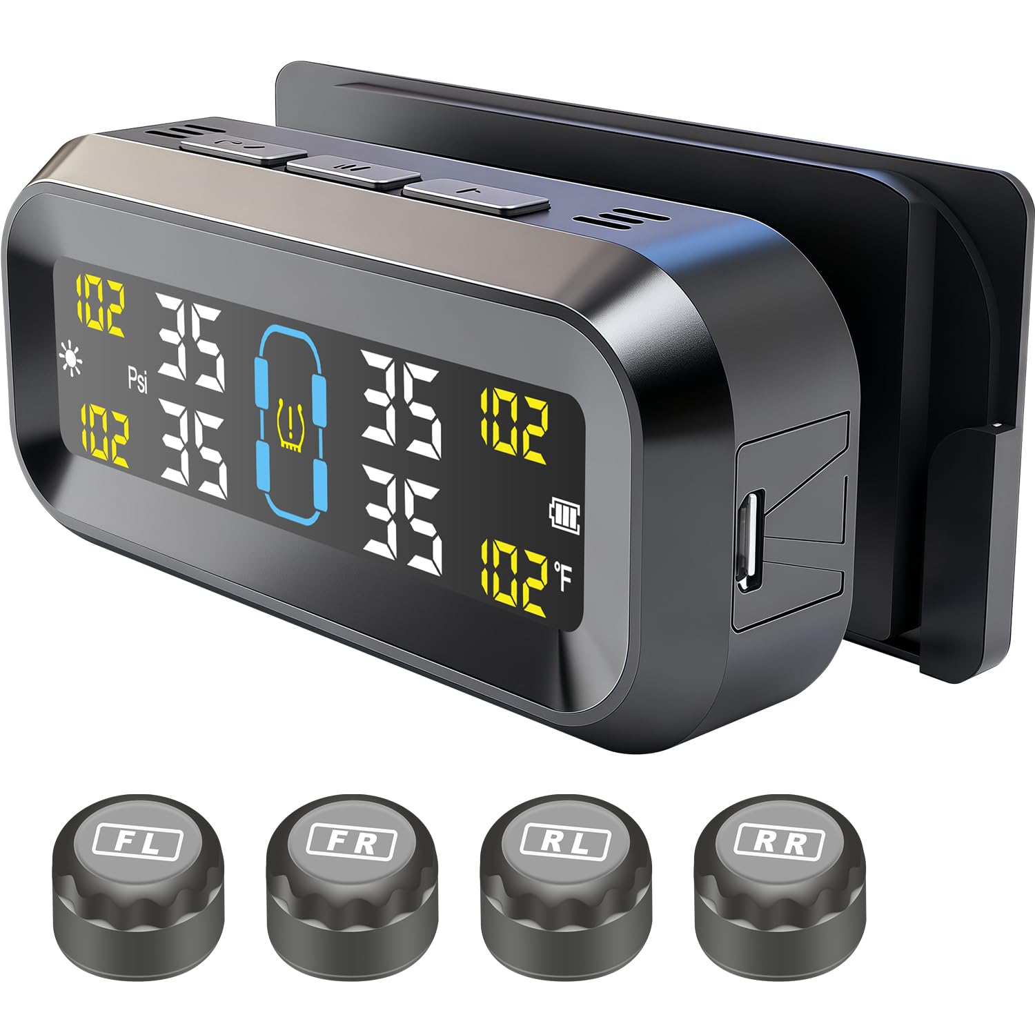 Tire Pressure Monitoring System with Solar & USB Charger-TPMS with 4 External Sensors & 6 Alarm Modes, LCD Display