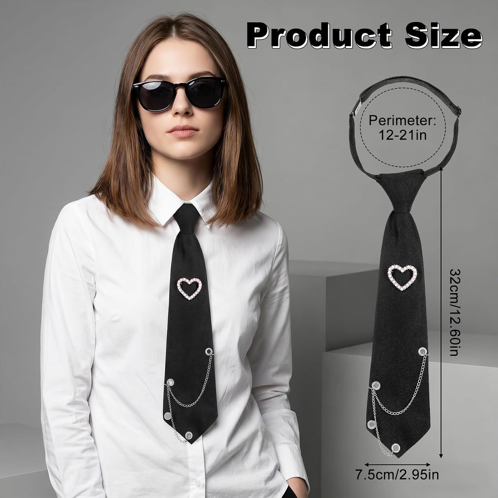 Black Tie for Women, Pre-Tied Ties | Metal Chain Necktie for Women, Adjustable Ties for Uniform, School, Shirt Accessory