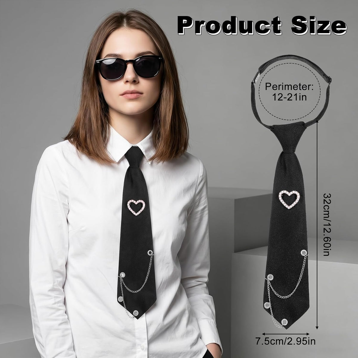 Black Tie for Women, Pre-Tied Ties | Metal Chain Necktie for Women, Adjustable Ties for Uniform, School, Shirt Accessory