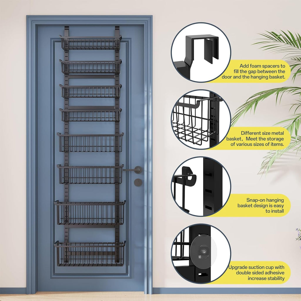 Over The Door Pantry Organizer, 8-Tier Over The Door Organizer with Adjustable Baskets, Metal Hanging Spice Rack for