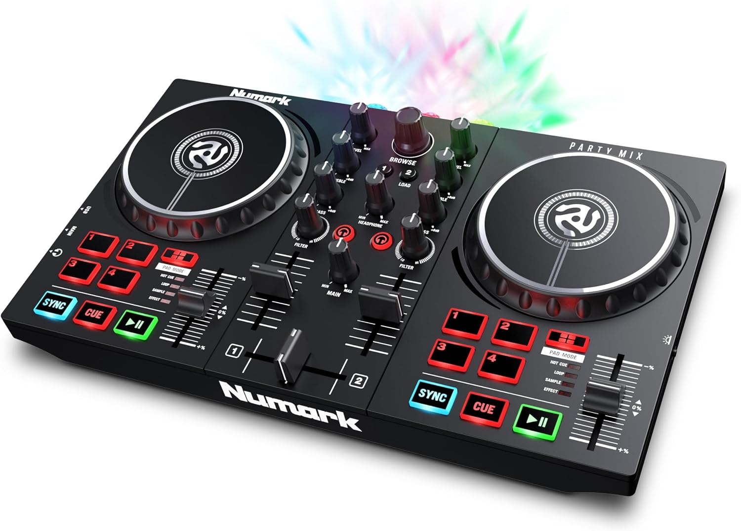 Party Mix II DJ Controller with Built-in Lights | 2-Decks, 2 Filter FX Knobs, DJ Mixer, Touch-Capacitive Wheels