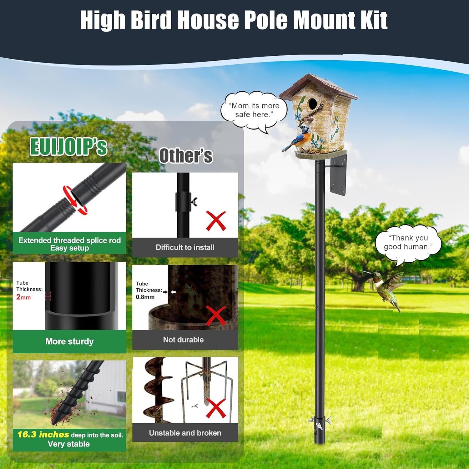 Bird House Pole, 60" Adjustable Bird Feeder Pole with Stand Stake, Heavy Duty 1.2 Inch Diameter Metal Bird Mounting