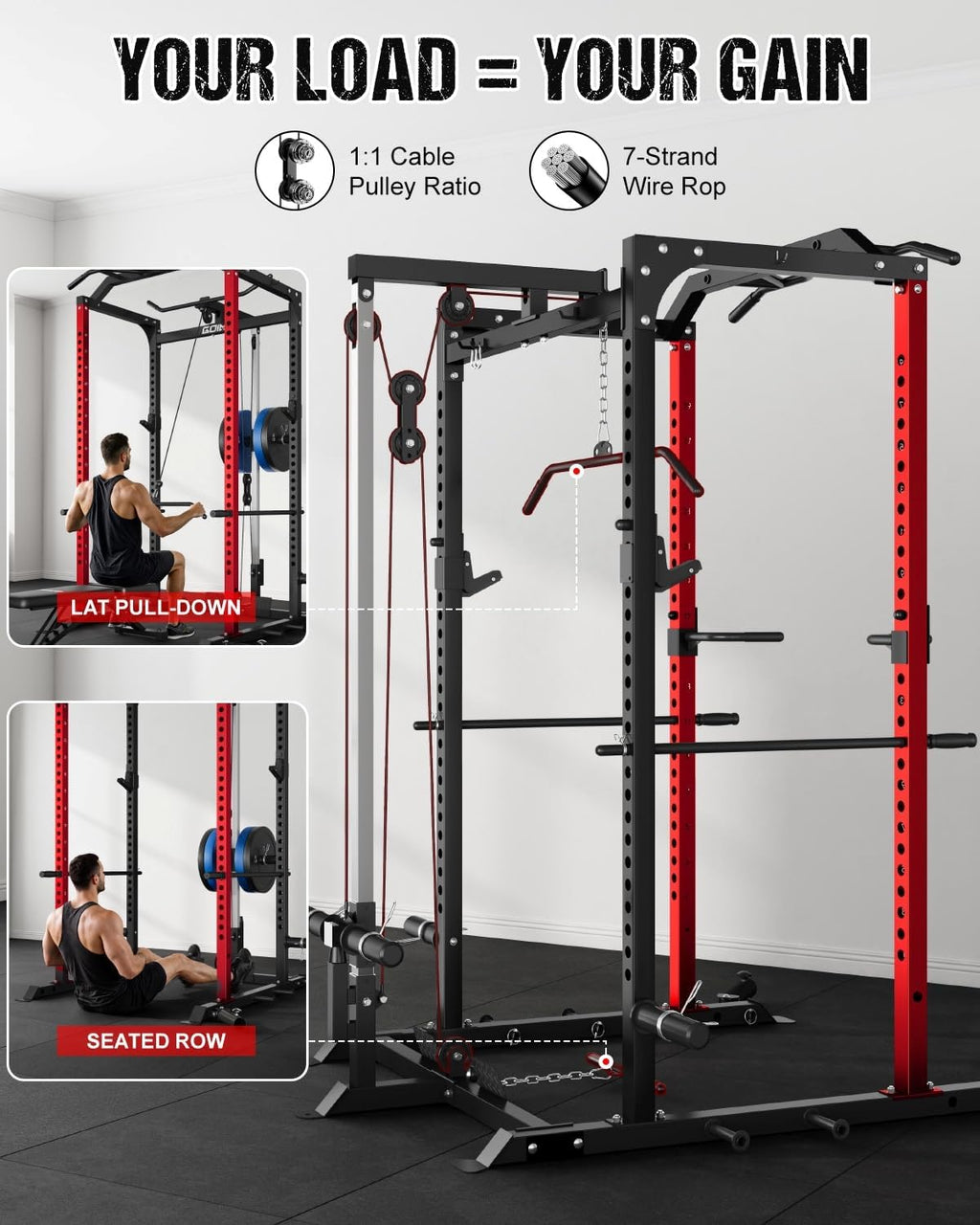 C1-V4 Power Cage, 2000LBS Squat Rack with LAT Pulldown, Multi-Function Weight Cage Strength Training Machine, Workout