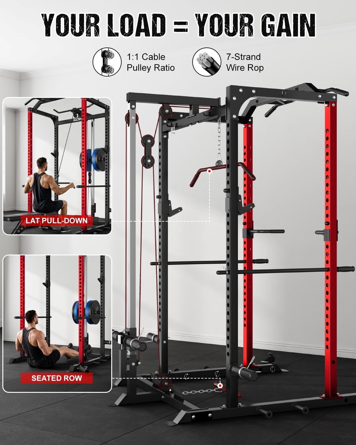 C1-V4 Power Cage, 2000LBS Squat Rack with LAT Pulldown, Multi-Function Weight Cage Strength Training Machine, Workout