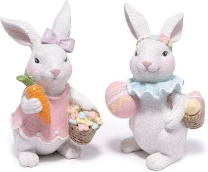 Easter Bunny Figurines Set, Spring Rabbit Decor with Easter Eggs Basket, Floral Wreath Bunny Statues, Tabletop Home