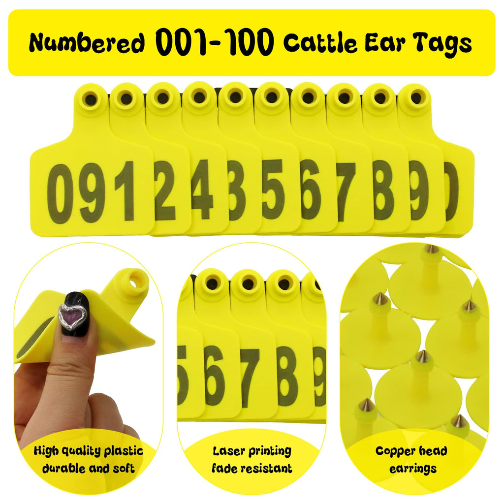 Cattle Ear Tags 001-100 Numbered Large Plastic Livestock Ear Tag ,Yellow