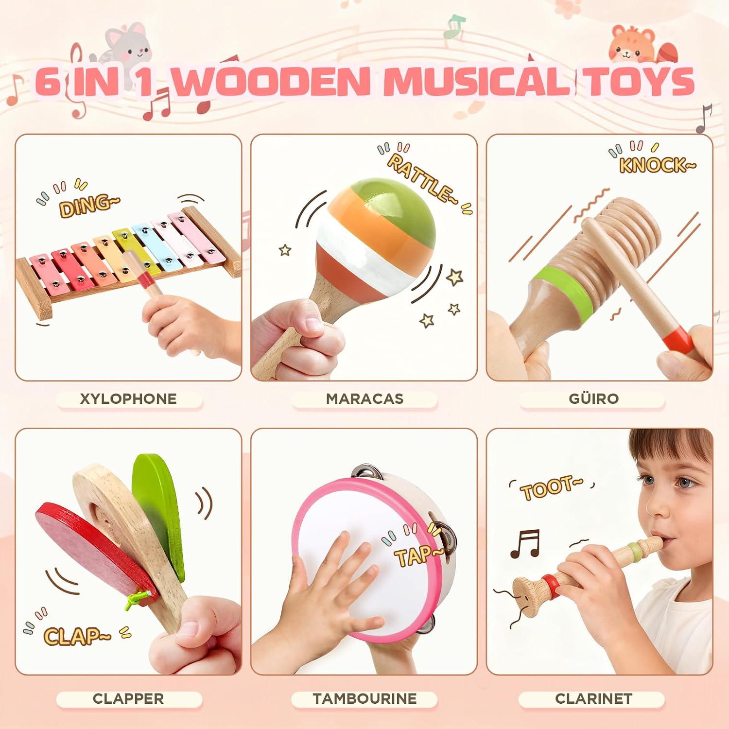 Baby Musical Instruments - Montessori Wooden Toys for Toddlers Sensory Play | Xylophone Maracas Tambourine Percussion