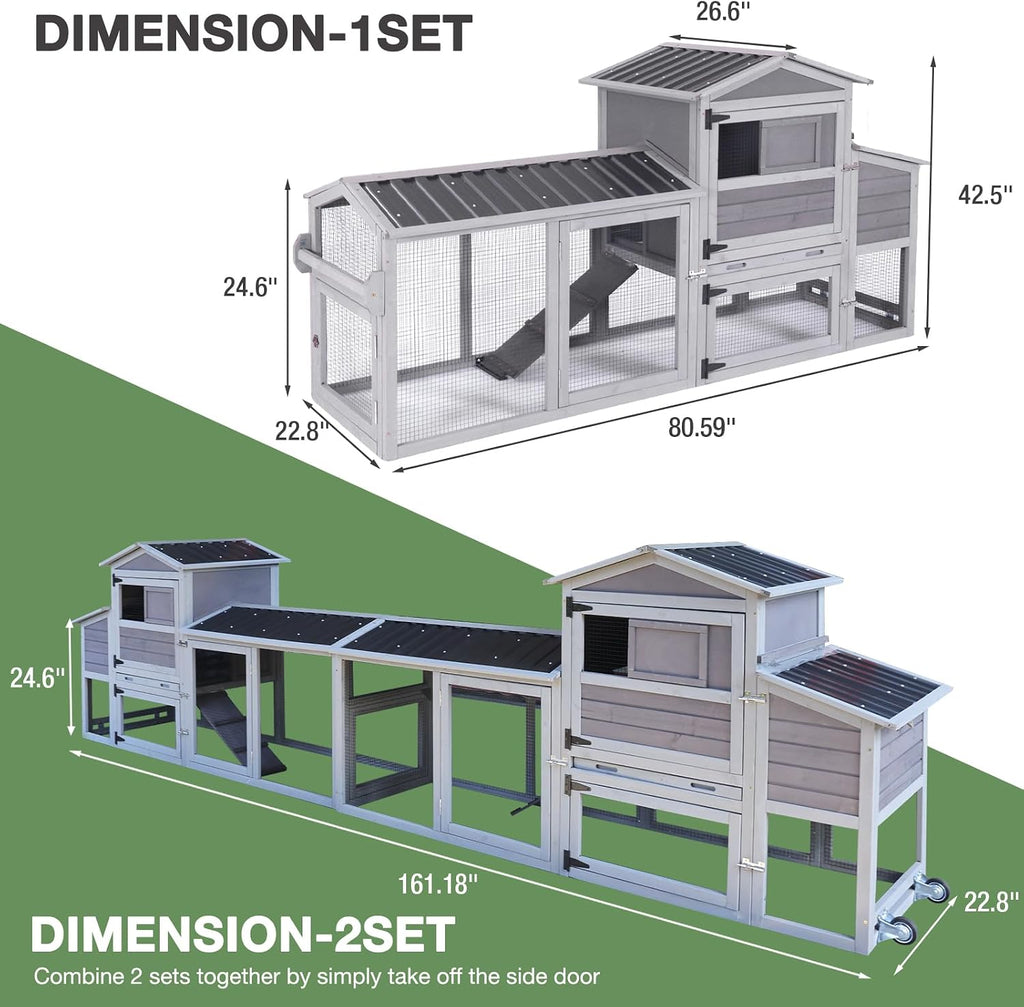 Chicken Coop with Wheels, Portable Chicken Tractor & Large Chicken House with Run, Nesting Box, Waterproof Roof &