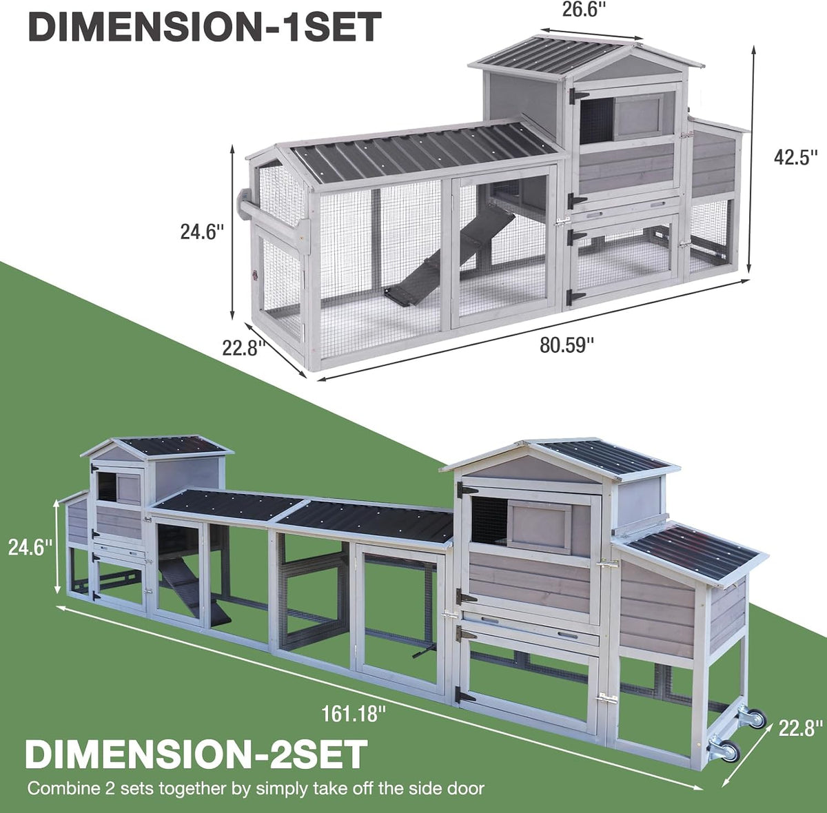 Chicken Coop with Wheels, Portable Chicken Tractor & Large Chicken House with Run, Nesting Box, Waterproof Roof &