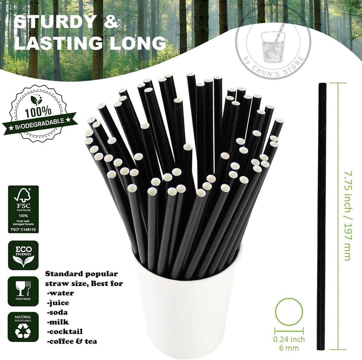 Black Paper Straws 1000 Count, Compostable Cocktail Straws 7.75" Disposable