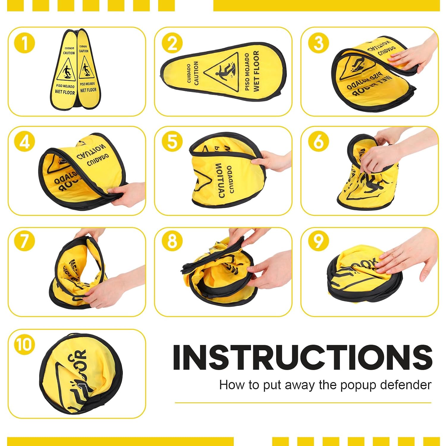 12 Pcs 24 Inches Pop up Wet Floor Sign Yellow 4-sided Foldable Bilingual Caution Wet Floor Sign Safety Warnings