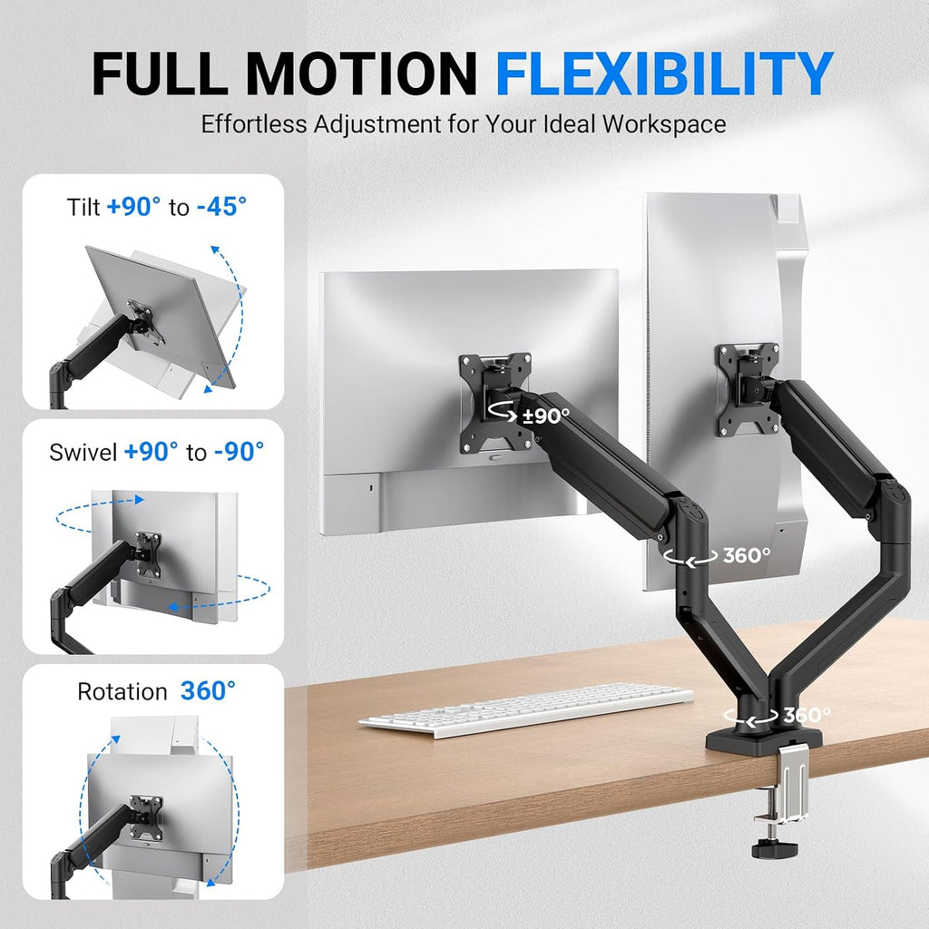 Gas Spring Monitor Mount for 13-32″, Dual Monitor Arm, Easy Install | Full Motion Adjustable 360° Rotate Swivel Tilt
