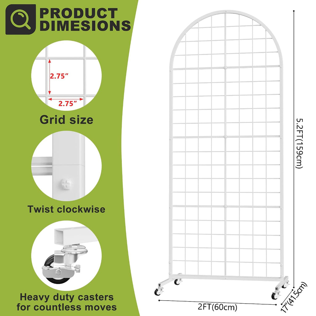Grid Wall Panel 2' x 5.2' FT Metal Grid Display Stand 1PCS White | Movable Retail Display Racks Floorstanding Wire