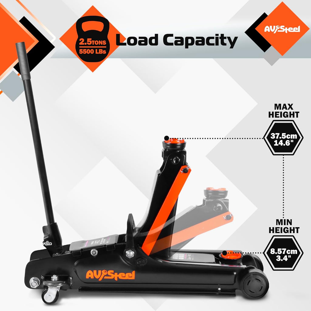 Low Profile Floor Jack 2.5 Ton (5000 lbs), Lift Range 3.4" to 14.6" for Cars & Sedans, Hydraulic Steel Jack with