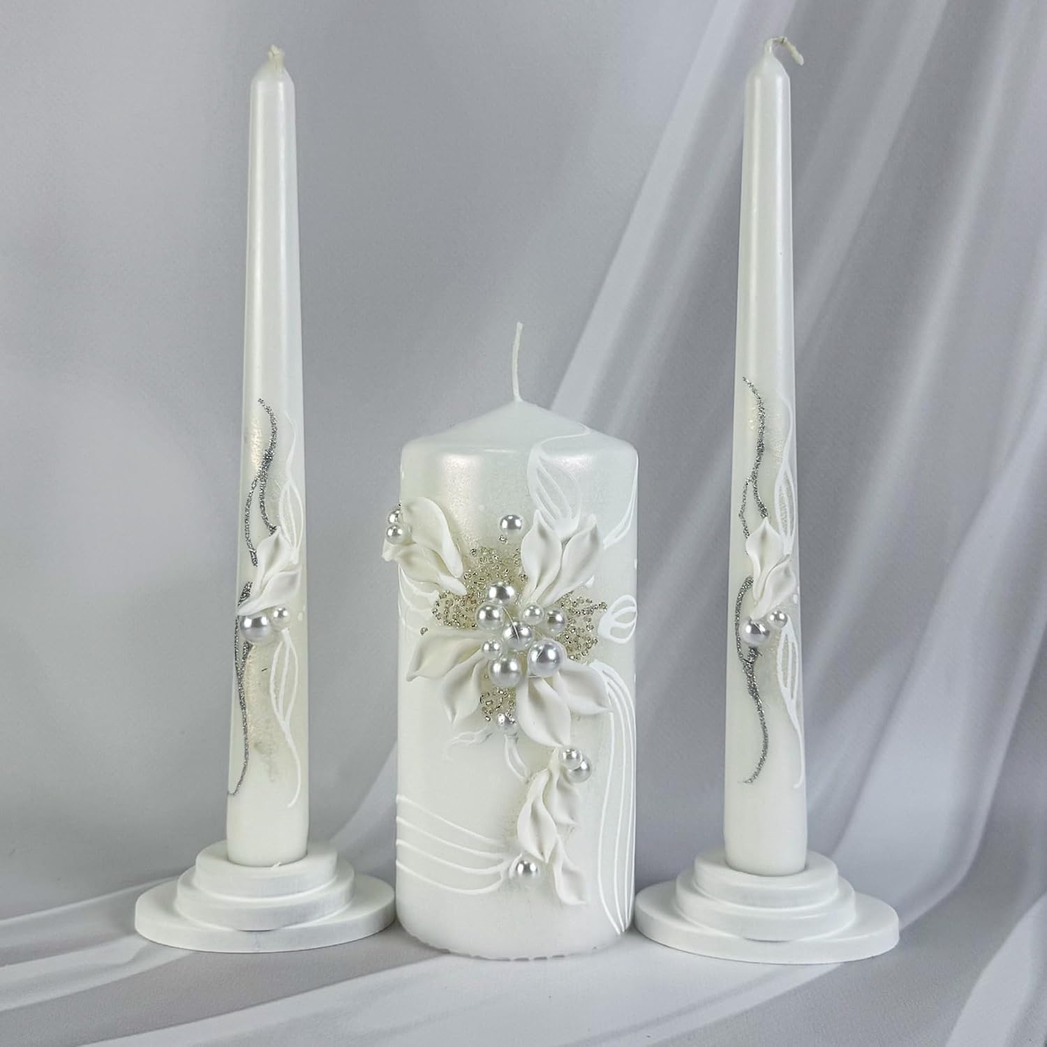 Pearl Bloom Unity Candle Set for Wedding Ceremony, Handmade White Floral Wedding Unity Candles, Unscented 6" Pillar &