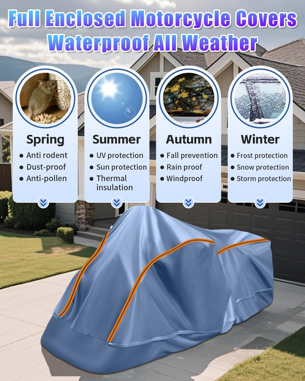 Full Enclosed Motorcycle Cover Waterproof Outdoor Length up to 108"