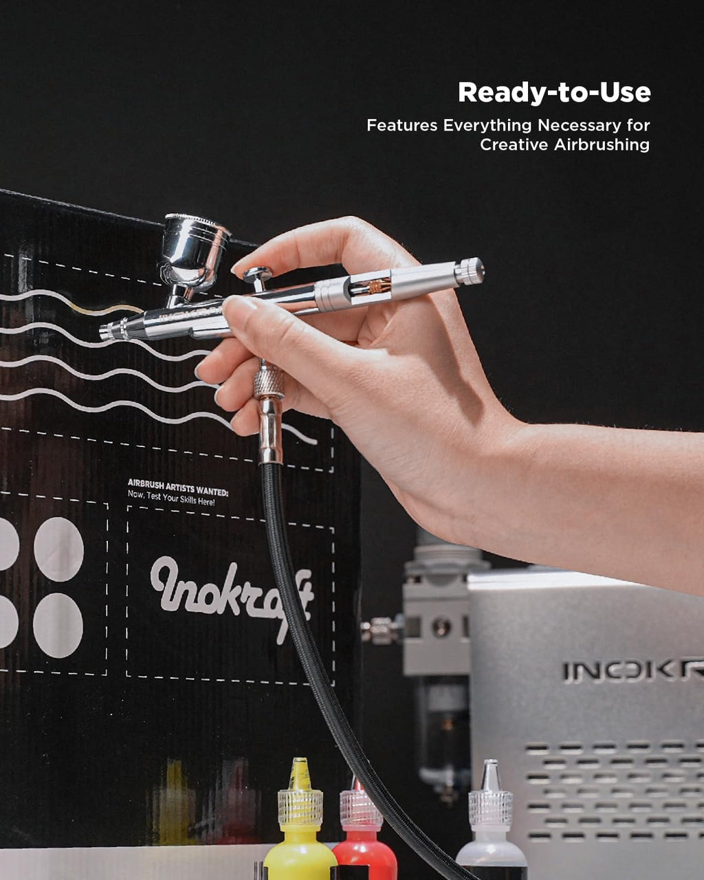 Airbrush Kit with 1/6 HP Quiet Air Compressor, 4 Colors | Gravity Airbrush with 3 Tips 0.2, 0.3 & 0.5 mm- Hose