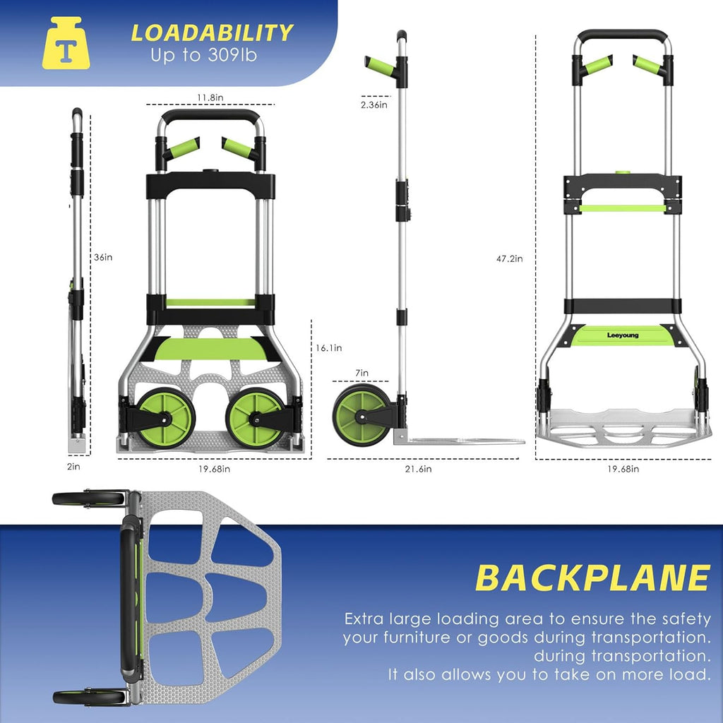 Folding Hand Truck and Dolly,309 lb Capacity Aluminum Portable Cart with Telescoping Handle and PP+EVA Wheels