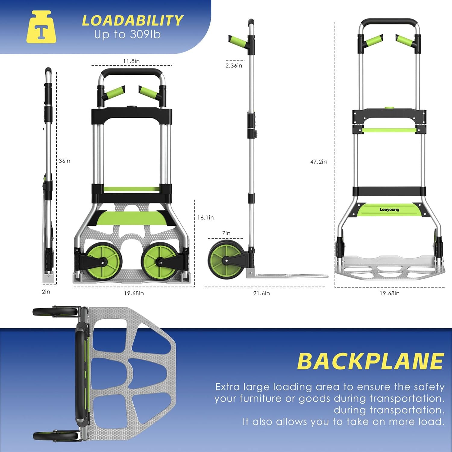 Folding Hand Truck and Dolly,309 lb Capacity Aluminum Portable Cart with Telescoping Handle and PP+EVA Wheels