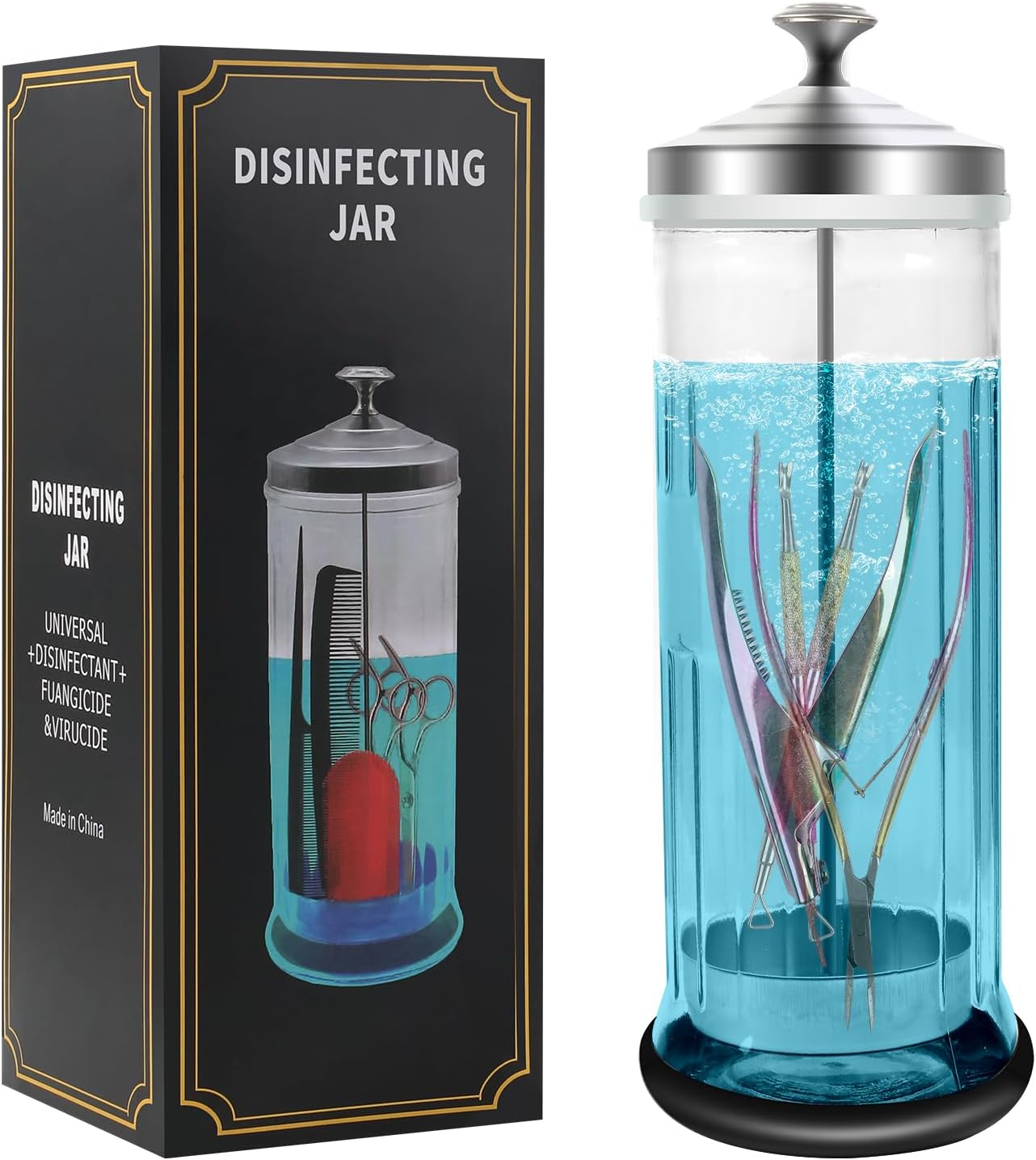 42.3 Oz Barbicide Disinfectant Jar with anti-slip pad, Disinfectant Jar Large for Nail Tools, Barber Shop&Spa
