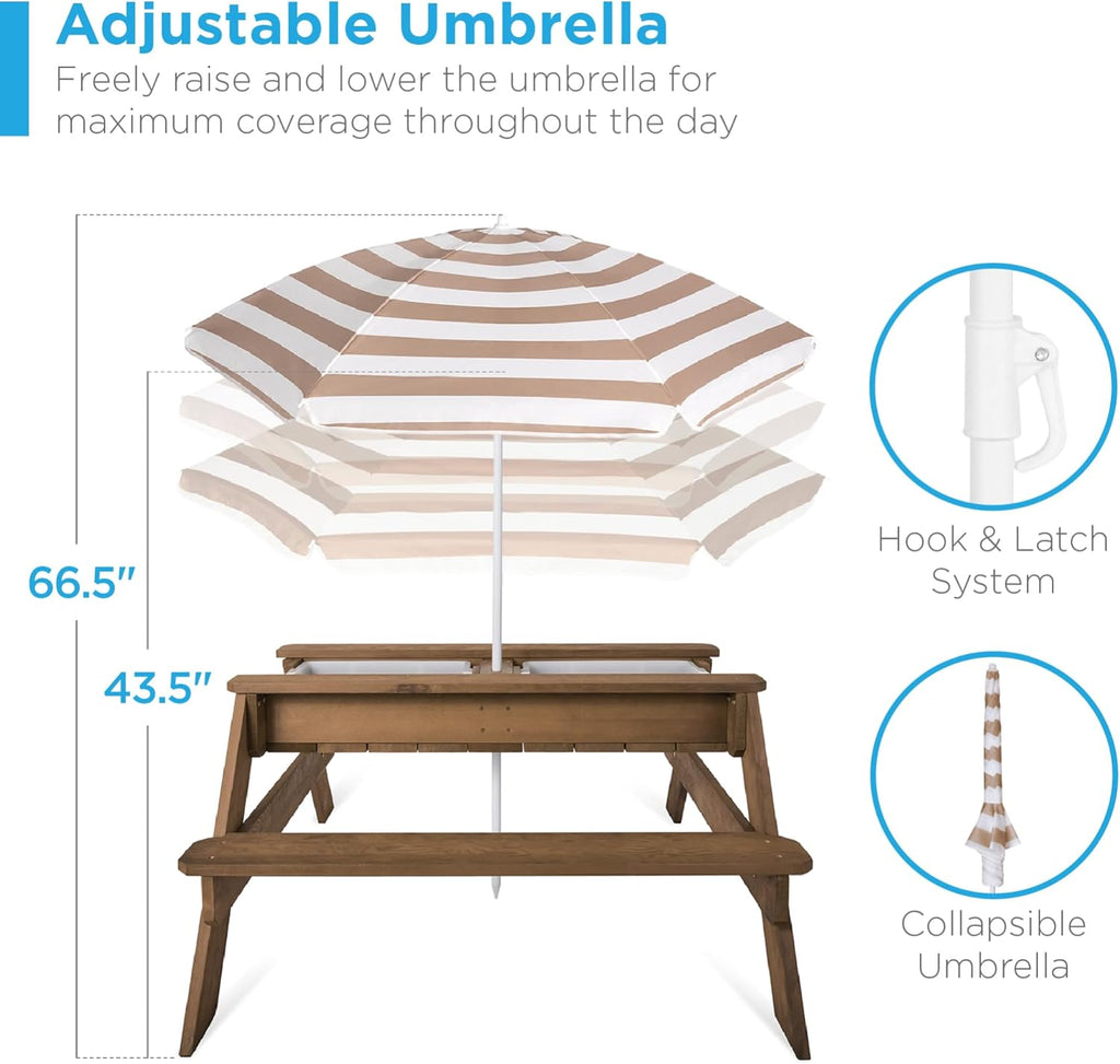 Kids Picnic Table with Umbrella, 3-in-1 Sand & Water Table, Outdoor Convertible Picnic Table for Toddlers, Seats 4