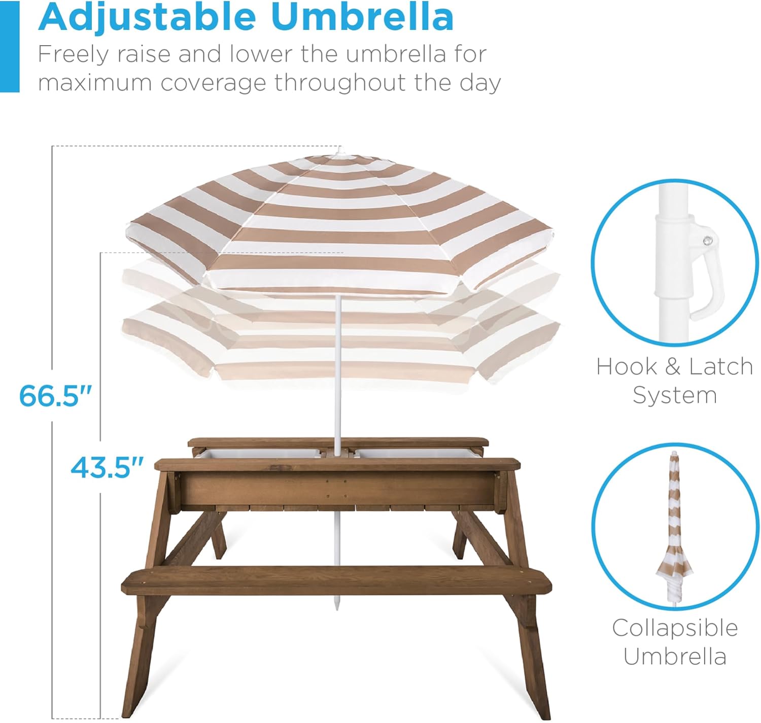 Kids Picnic Table with Umbrella, 3-in-1 Sand & Water Table, Outdoor Convertible Picnic Table for Toddlers, Seats 4