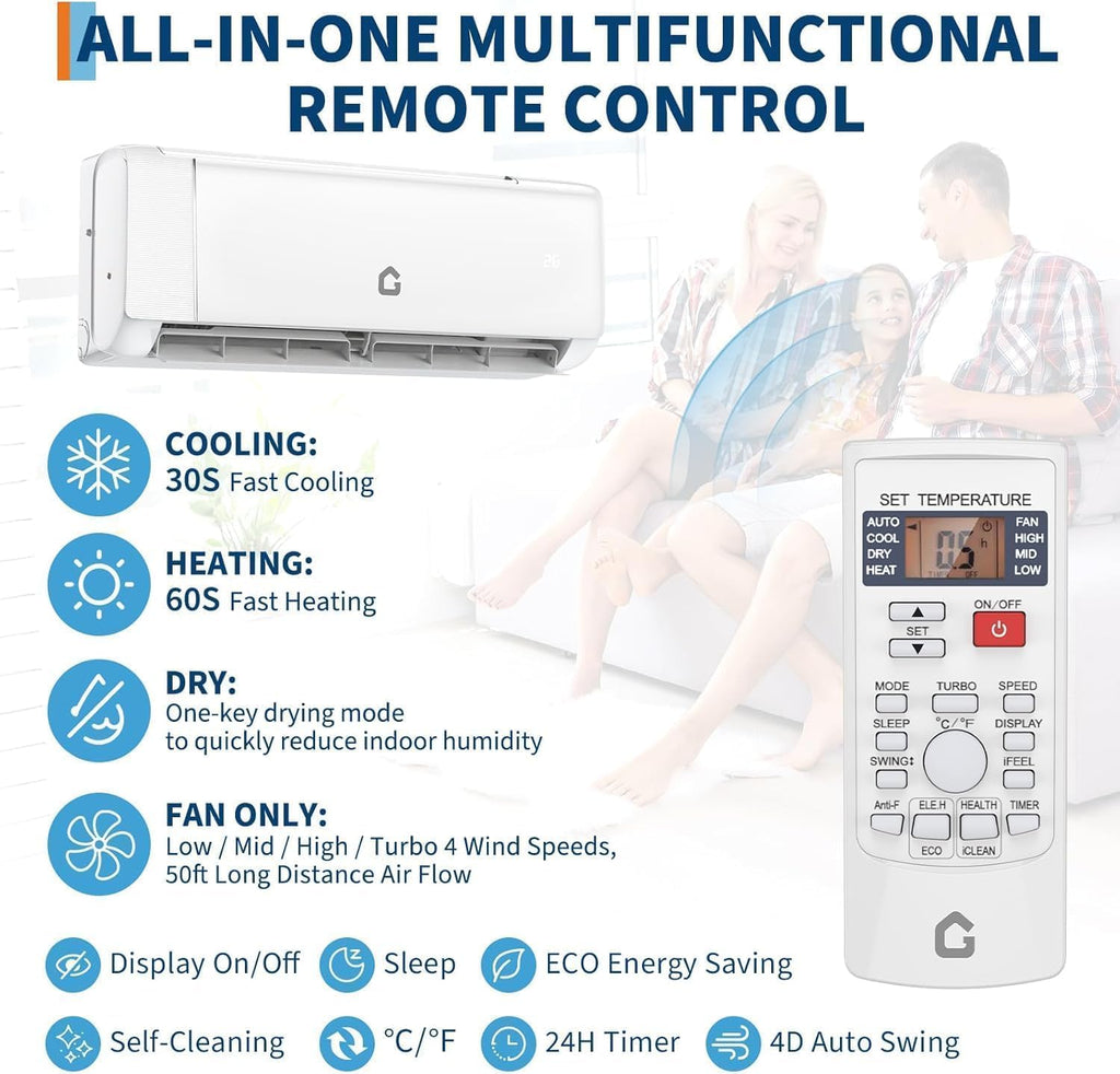 12,000 BTU Mini Split Air Conditioner & Heat Pump, 21 SEER2 Ductless Inverter, Smart WiFi, DIY Install Kit, Quiet