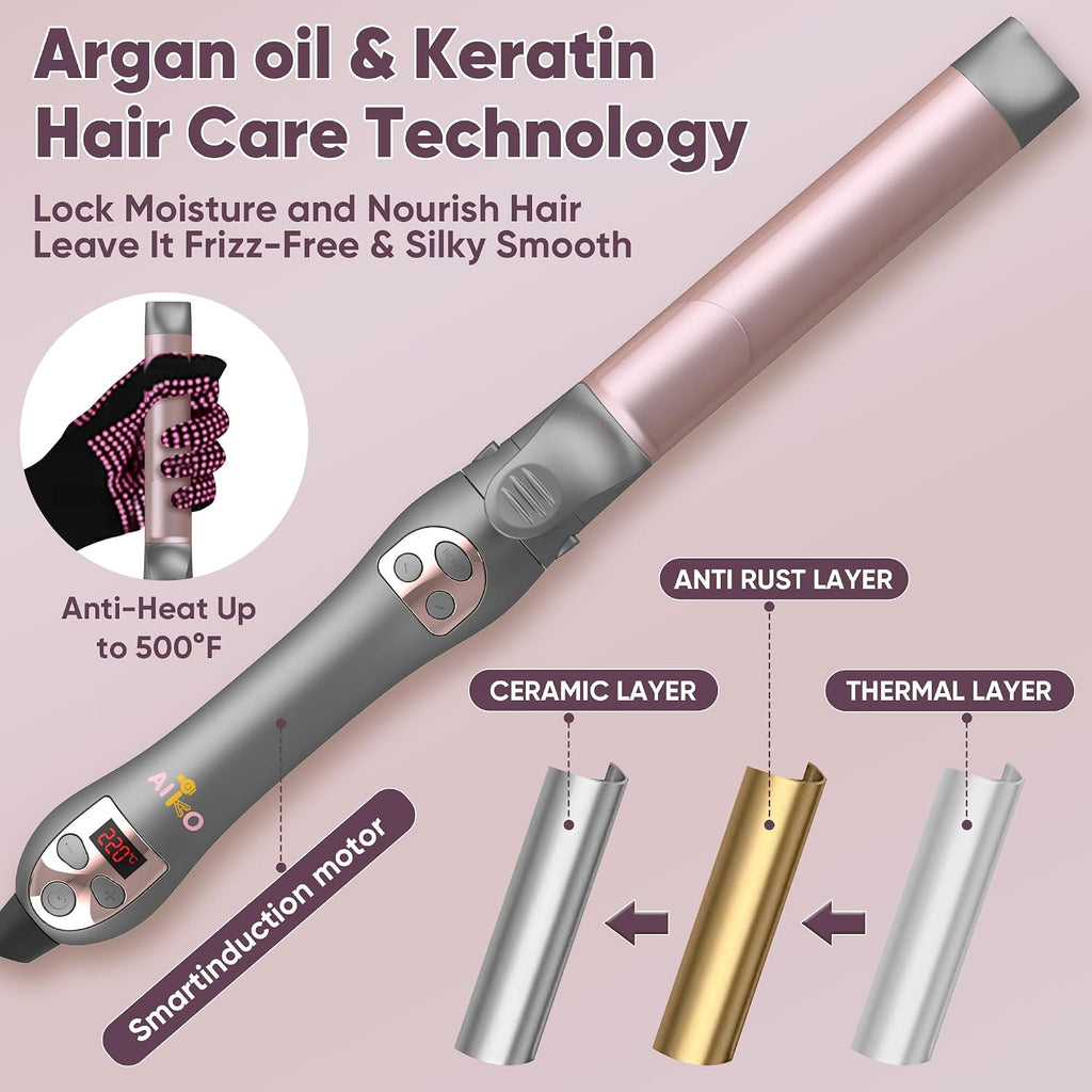 3 in 1 Interchangeable Automatic Rotating Curling Iron & Thermal Brush Set, (1''-1.25'') Curling Iron, Automatic Hair