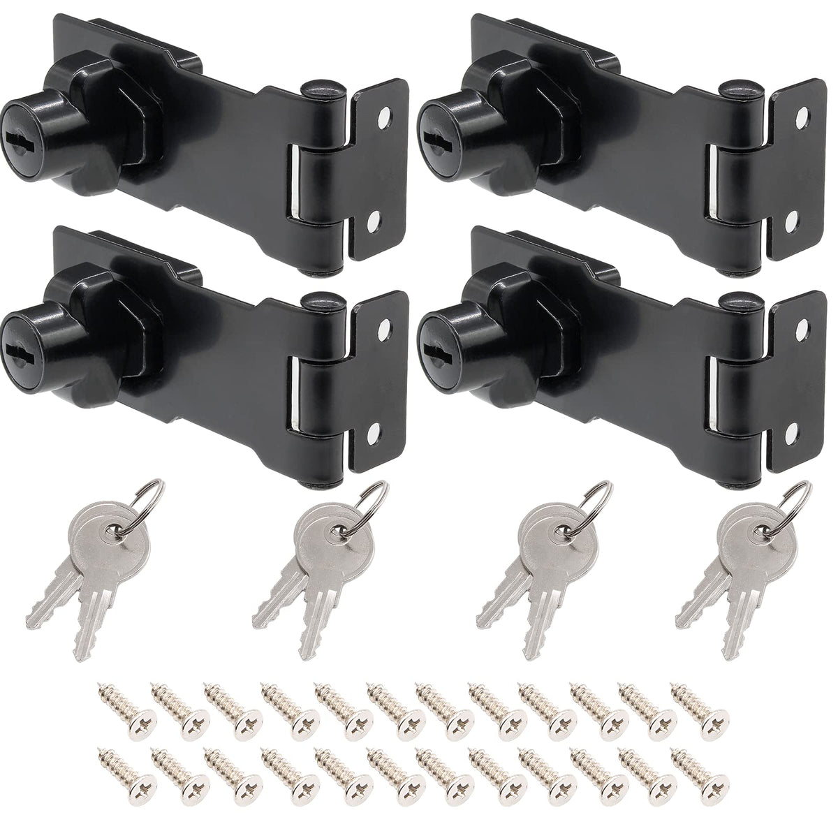4 Pcs Keyed Hasp Lock, 4 Inch Twist Knob (Black)