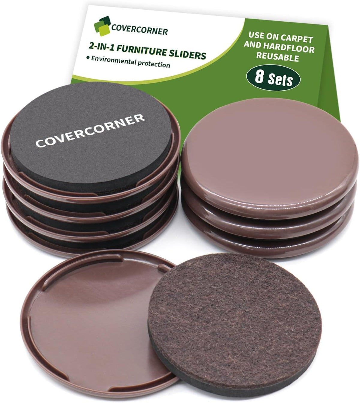 2 in 1 Furniture Sliders, 8 PCS in 3 1/2" or 4", Brown