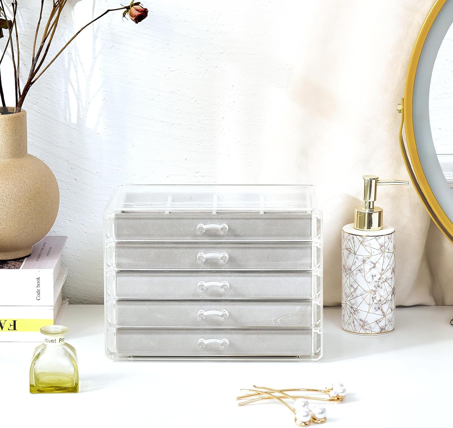 Earring Holder Organizer Jewelry Box with 5 Drawers, Acrylic Clear Earring Case with Adjustable Velvet Trays for