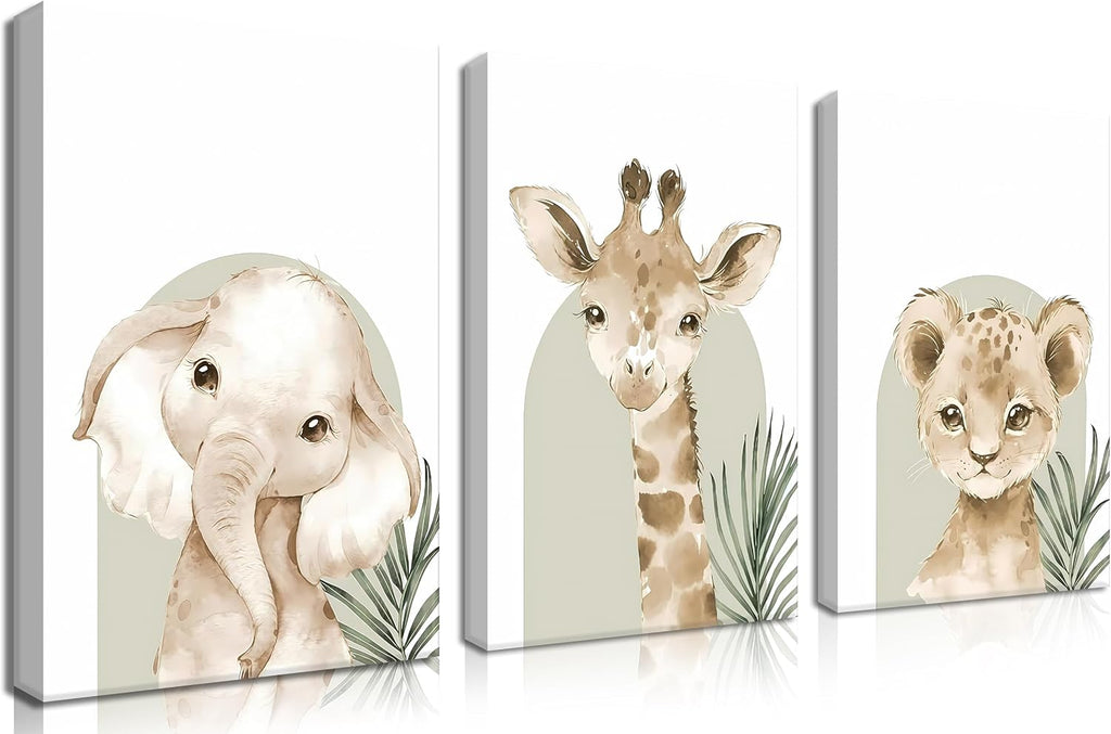 Nursery Wall Decor Set of 3, Cute Animal Lion Elephant Baby Pictures Poster Prints, Giraffe Jungle Canvas Wall Art