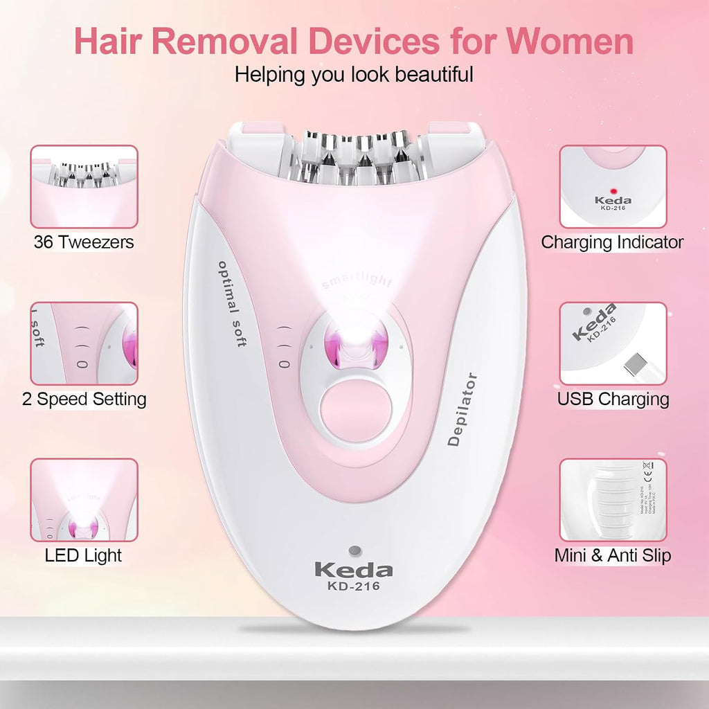 Epilator for Women, 2 Speeds Facial Hair Removal Device with LED Light, 36 Tweezers & Massage Pad, Rechargeable