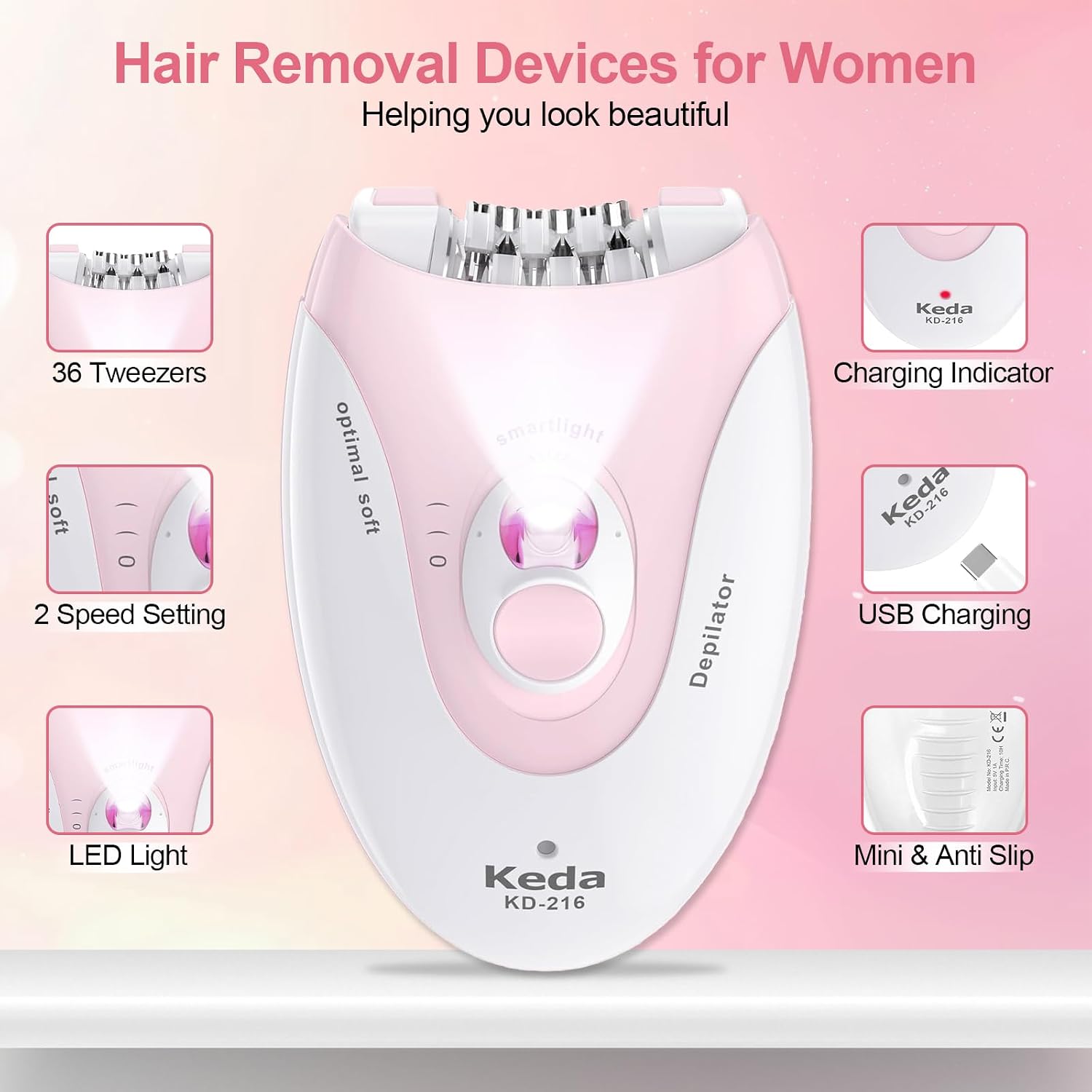 Epilator for Women, 2 Speeds Facial Hair Removal Device with LED Light, 36 Tweezers & Massage Pad, Rechargeable