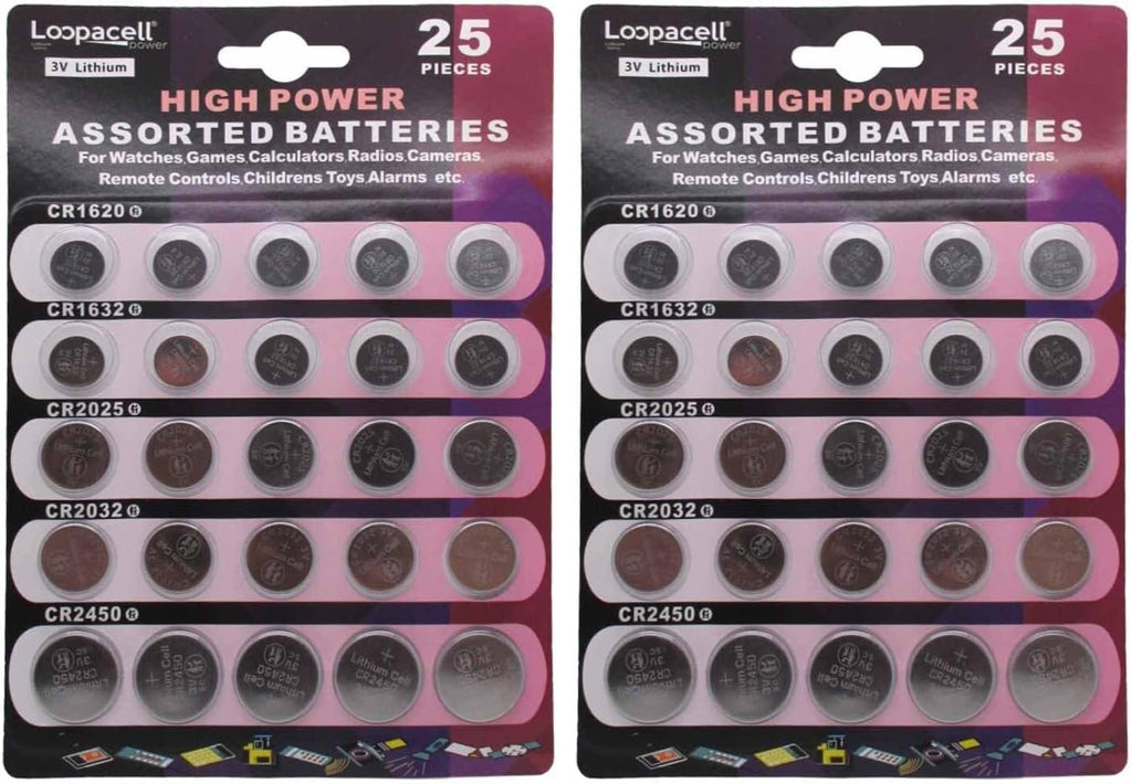 High Power Button Cell 3V Lithium Assorted Battery CR2032 CR2025 CR2450 CR1620 CR1632, 25 Piece Set (Pack of 2)