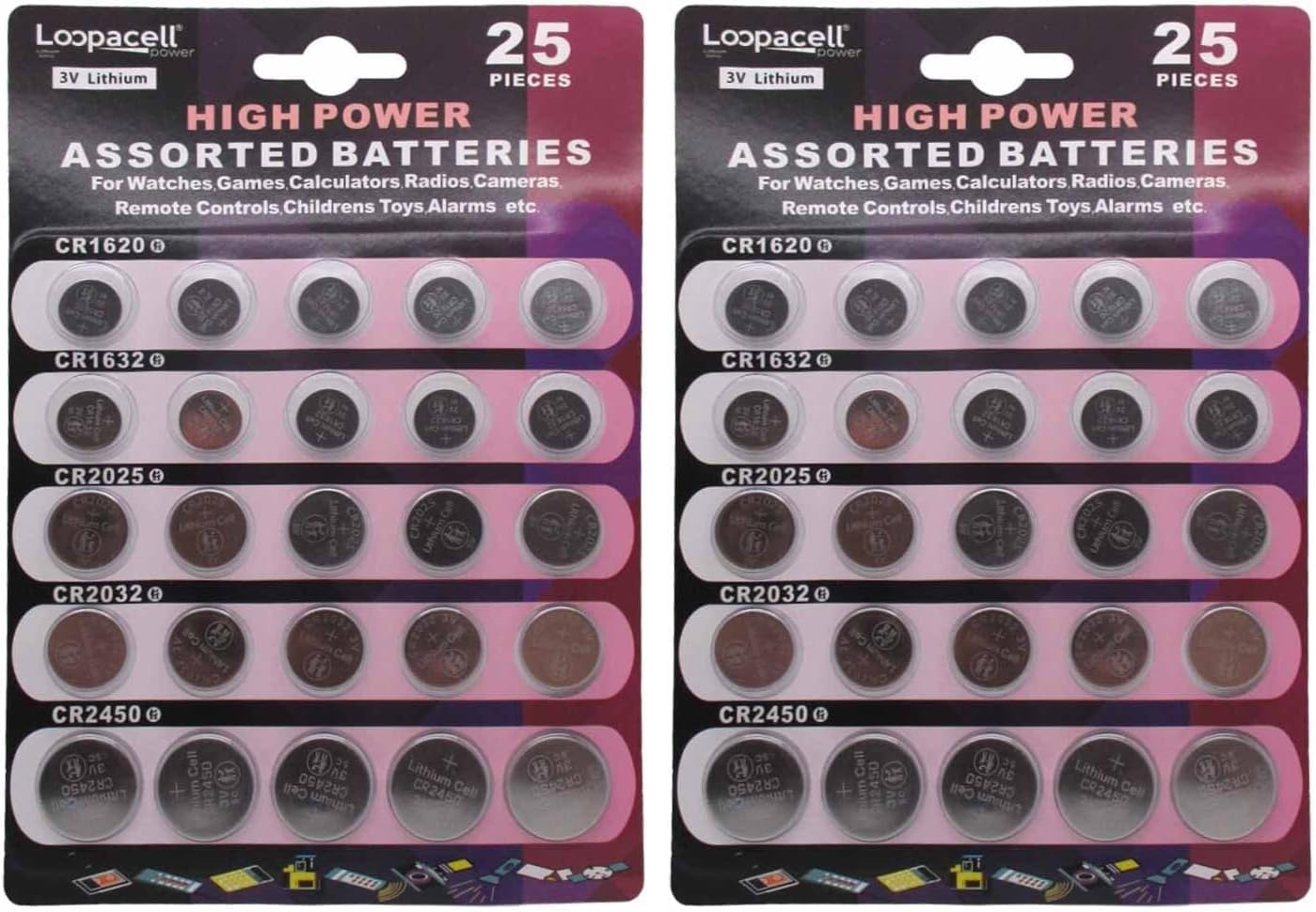 High Power Button Cell 3V Lithium Assorted Battery CR2032 CR2025 CR2450 CR1620 CR1632, 25 Piece Set (Pack of 2)