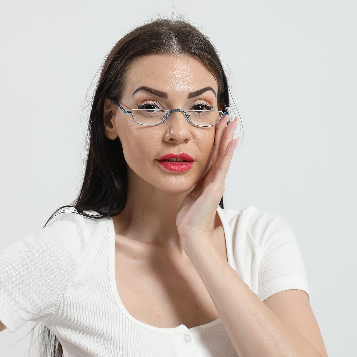 Half Moon Reading Glasses for Women Men Small Semi Frame Metal Spring Hinge Readers