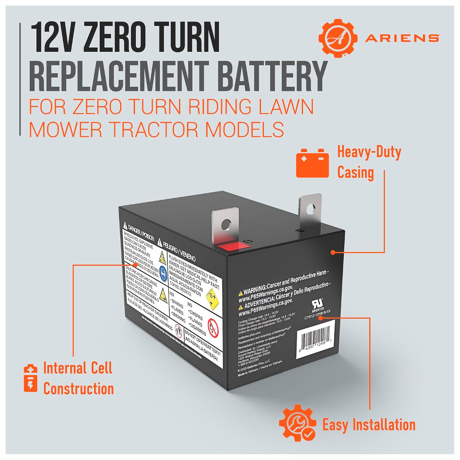 12 Volt Replacement Battery, Heavy-Duty Electrical Starting Battery Parts for Edge, IKON, Gravely ZT X, and ZT XL