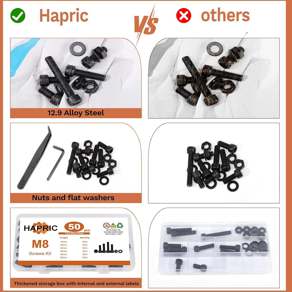 50 Pcs M8 Bolts Kit M8x 16/20/25/30/40/50 mm M8 Screw Kits